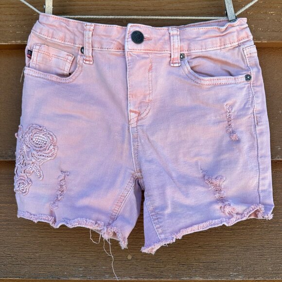 Vigoss Girls Pink Mid-Shorts With Embroidered Rose Distressed Look Adjustable Wa - Picture 1 of 14